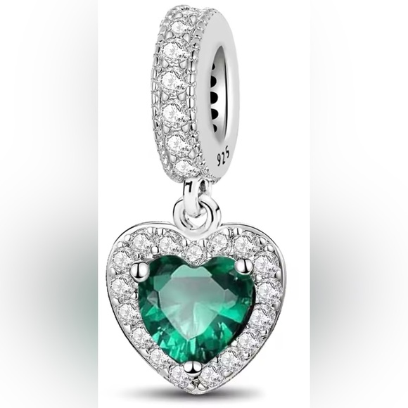 Silver & Green Sparkle Heart Dangle Charm - Picture 1 of 3